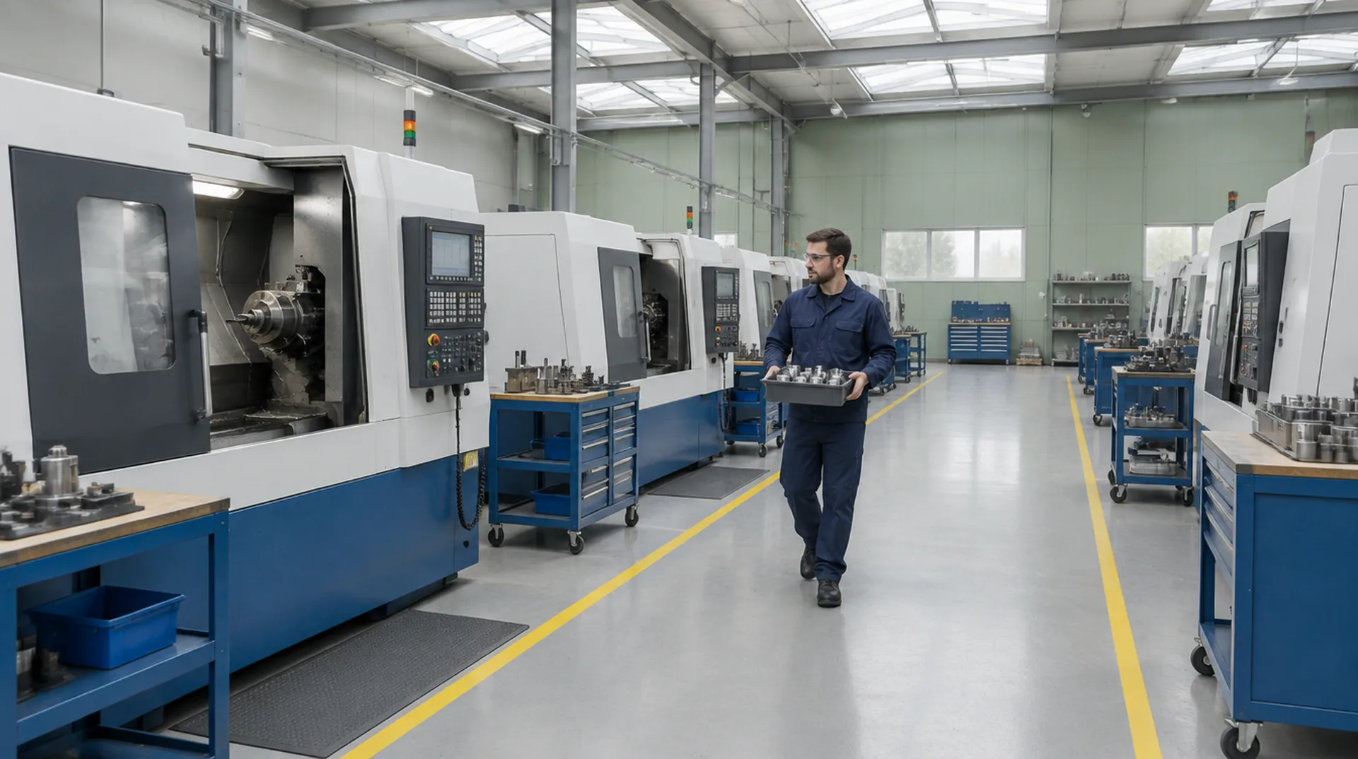 Corredor de tornos CNC em fábrica bem iluminada